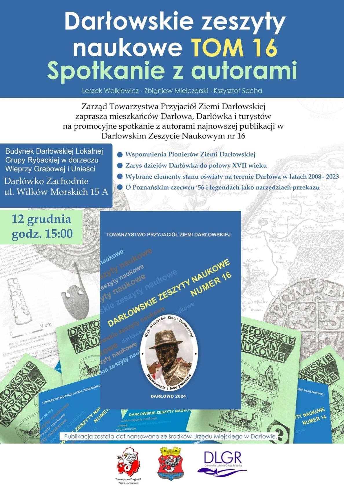 Plakat promujący spotkanie z autorami Darłowskich Zeszytów Naukowych