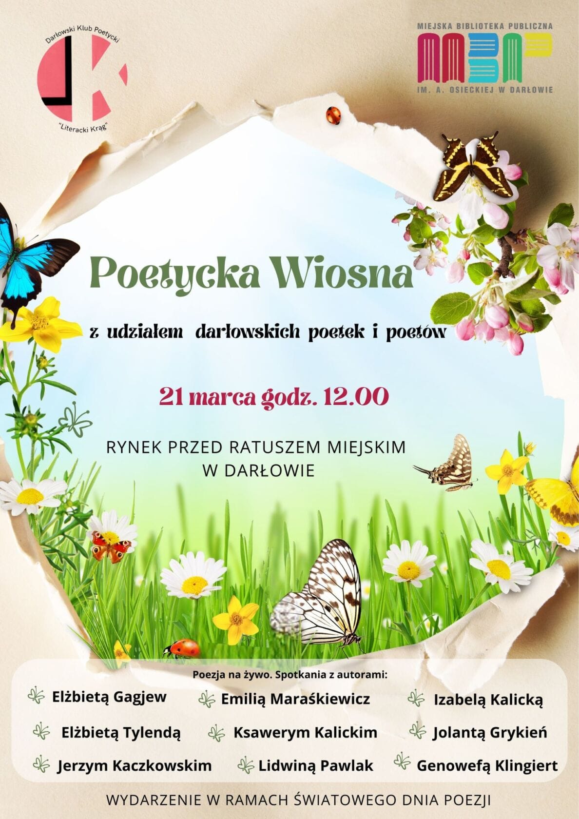 Plakat wydarzenia 'Poetycka Wiosna' z kwiatami i motylami