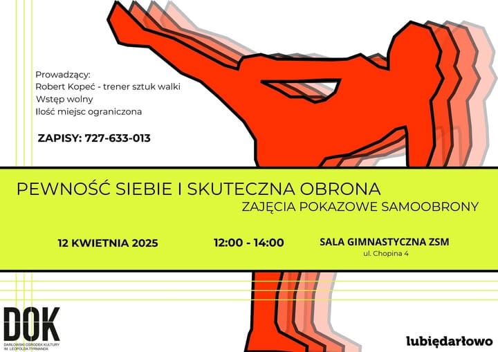 Plakat na zajęcia samoobrony, czerwona sylwetka osoby.