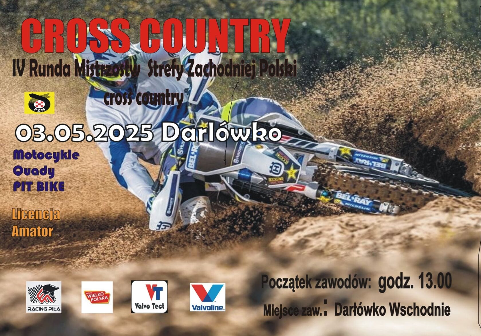 Plakat wydarzenia Cross Country w Darłówku, motocykl w akcji.