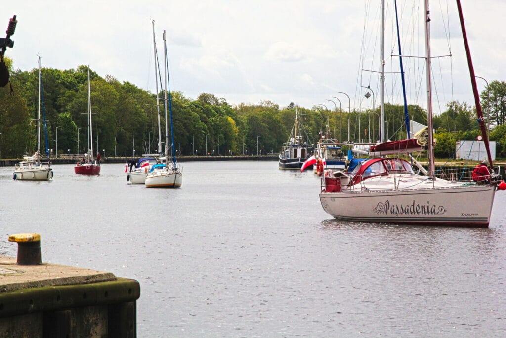 Łodzie żaglowe na spokojnej rzece przy zalesionym brzegu