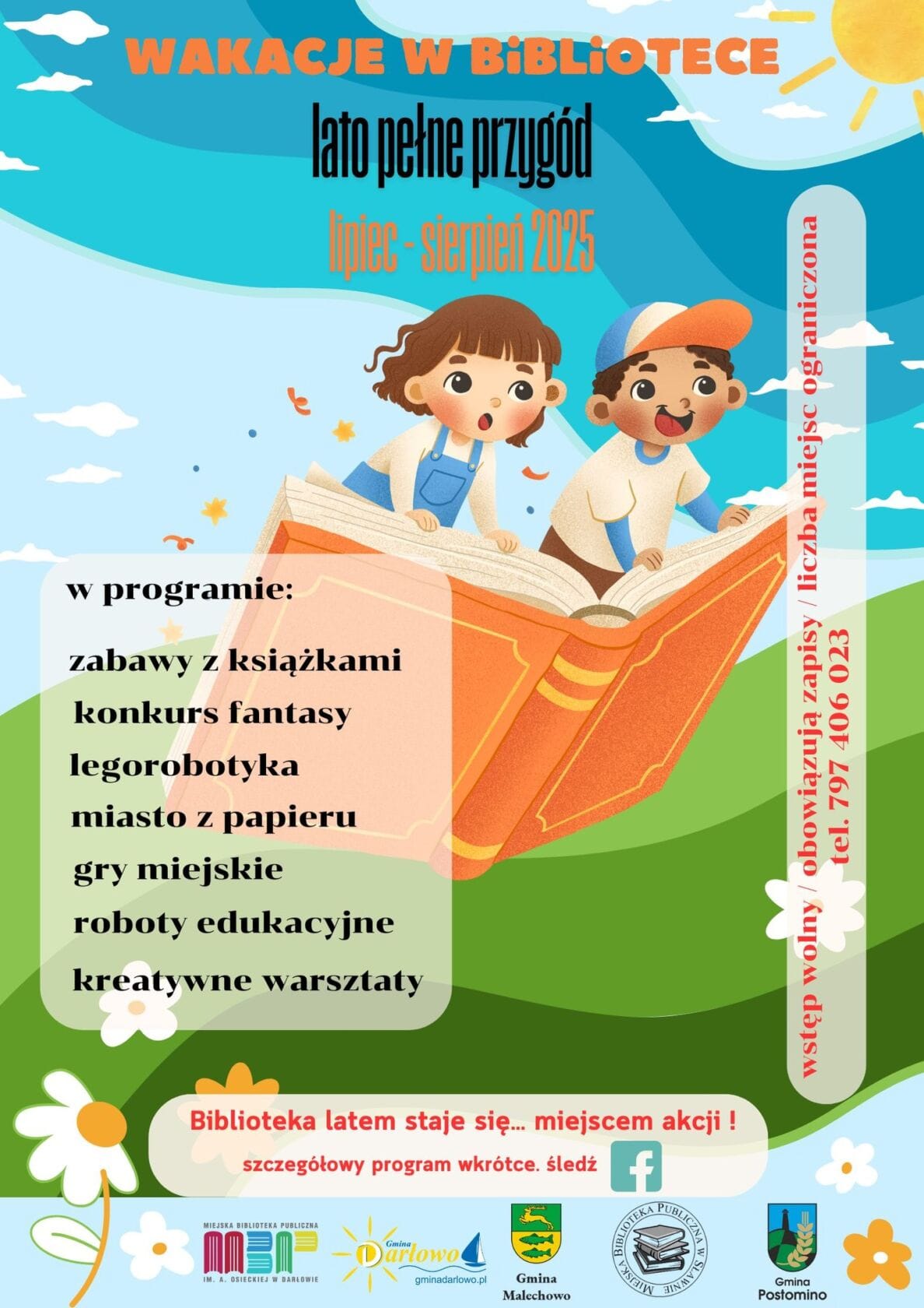 Plakat wakacje w bibliotece, dzieci czytające książkę, zabawy edukacyjne