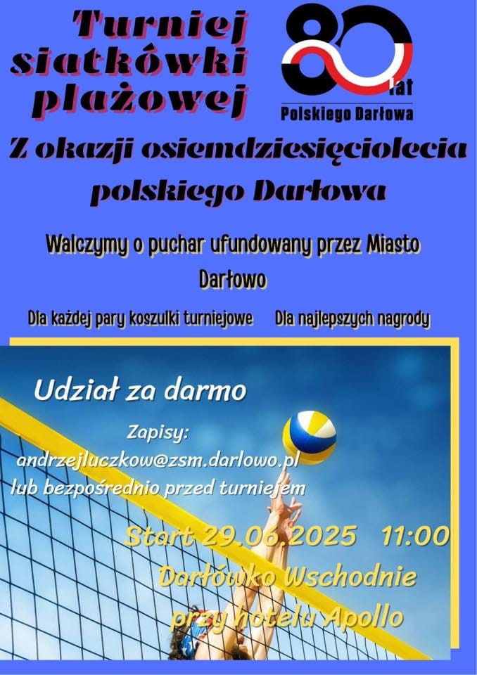Plakat turnieju siatkówki plażowej w Darłowie, czerwiec 2025