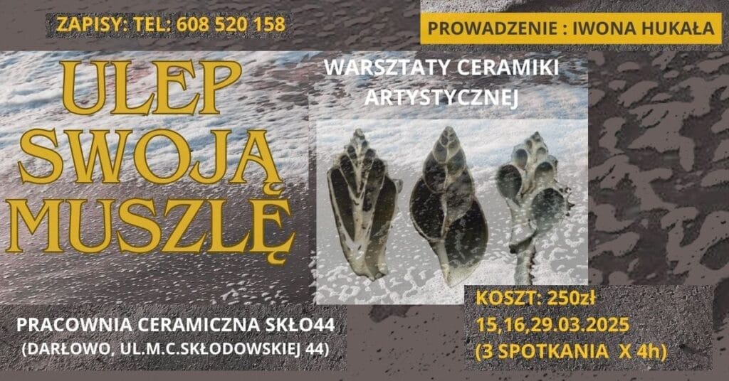Plakat promujący warsztaty ceramiczne z motywem muszli