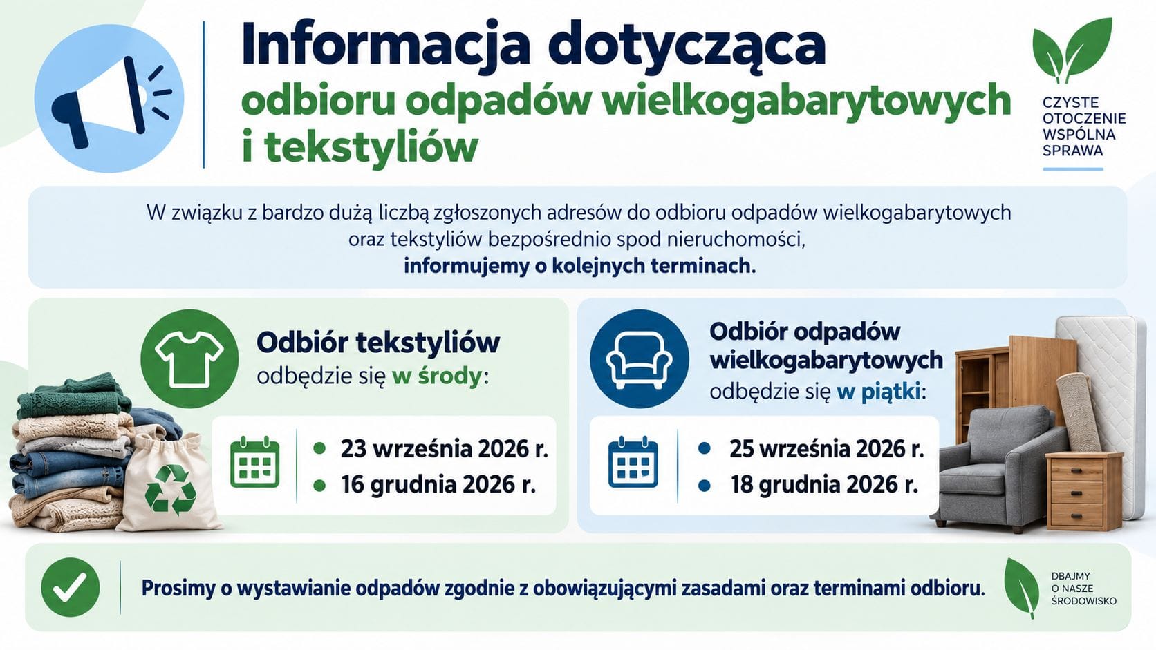 Informacja dotycząca odbioru odpadów wielkogabarytowych i tekstyliów