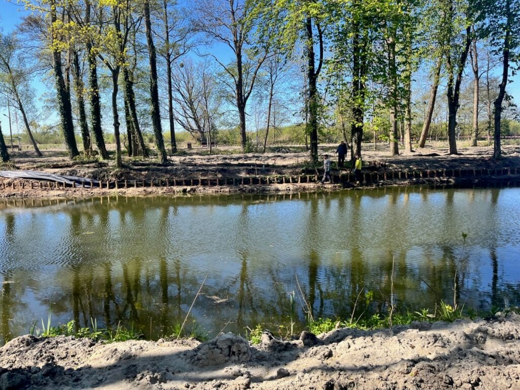 Studnia i drzewa wokół odbijające się w wodzie