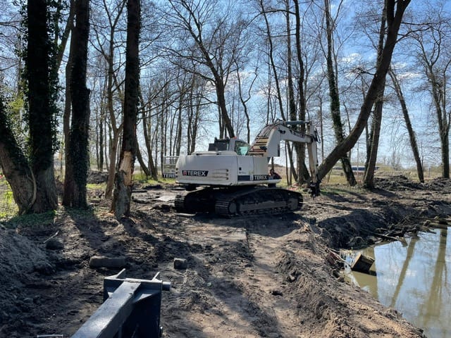 Koparka Terex pracuje w błotnistym lesie przy wodzie