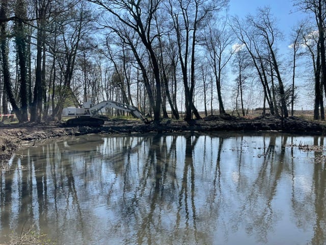 Odbudowa mostu w parku, drzewa odbijające się w rzece