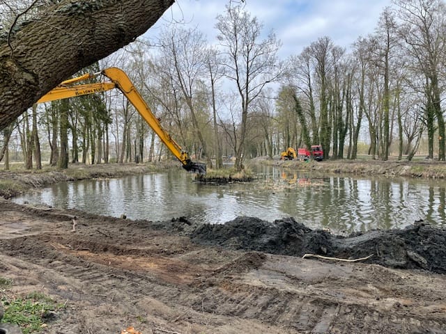 Koparka pracuje przy czyszczeniu stawu w parku