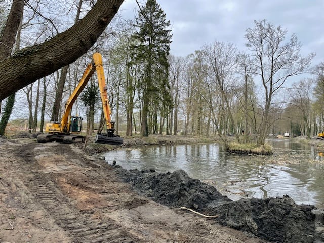 Koparka przy pracy nad brzegiem jeziora w parku