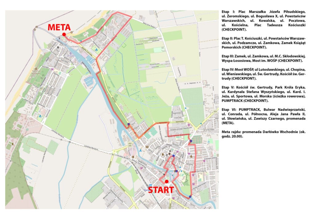 Mapa trasy rajdu z oznaczeniami startu i mety