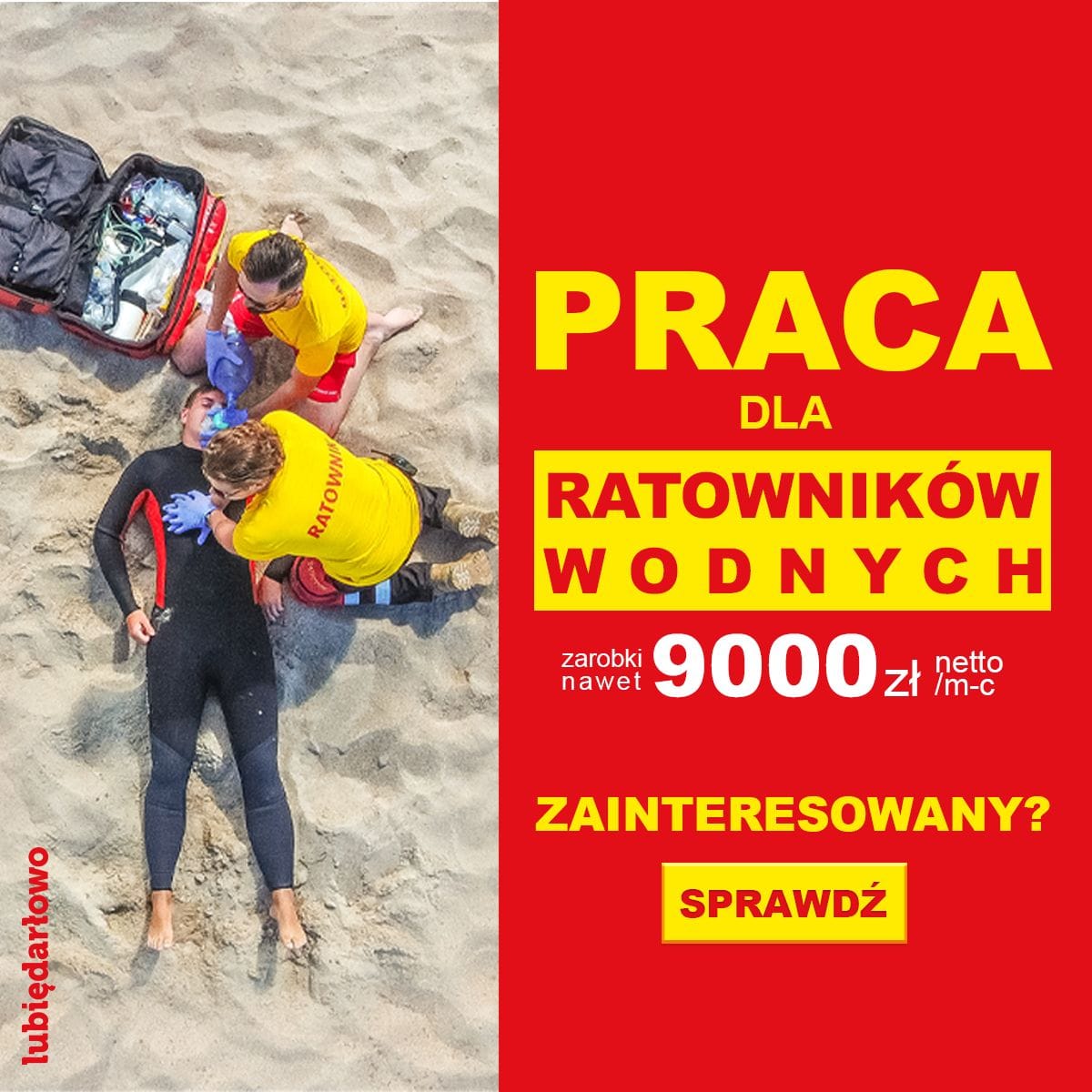 Ratownicy wodni pomoc światowca na plaży, ogłoszenie oferty pracy