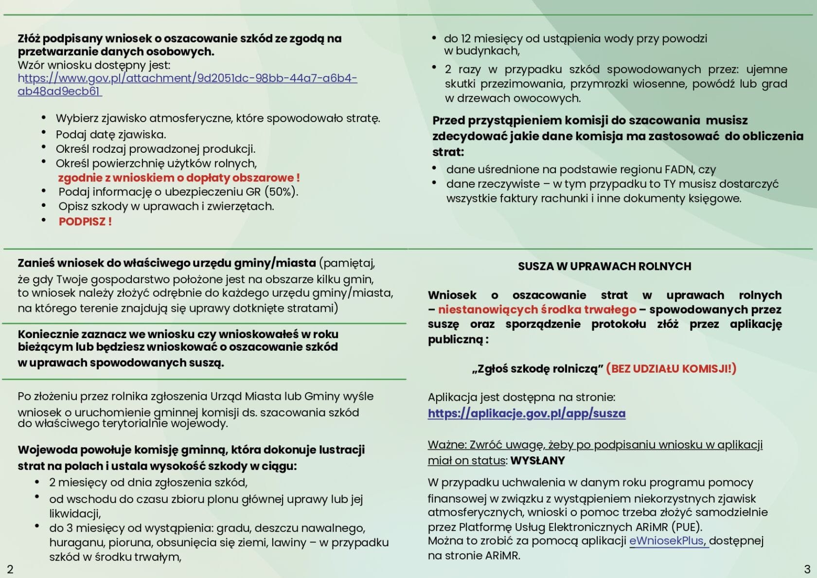Dokument informujący o procedurze zgłaszania szkód rolniczych